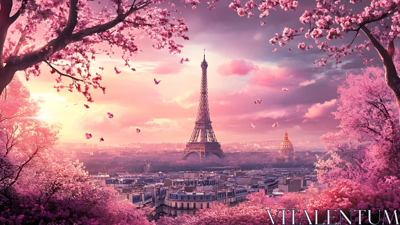 Romantic Paris skyline rendered in luminous pink digital painting