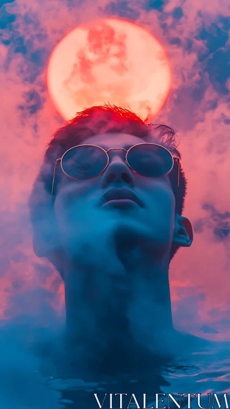 Dreamy neon portrait beneath a glowing cosmic moon.