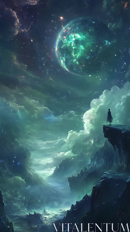 Solitary watcher on cosmic cliffs beneath emerald world.