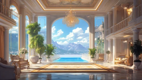 Luxurious neoclassical hall overlooking infinity pool and bay.