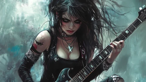 Gothic rock guitarist rendered with high contrast brushwork and motion