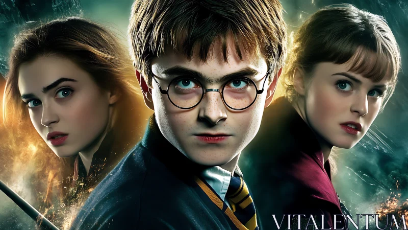 Young wizard trio stands united in misty, glowing magic.