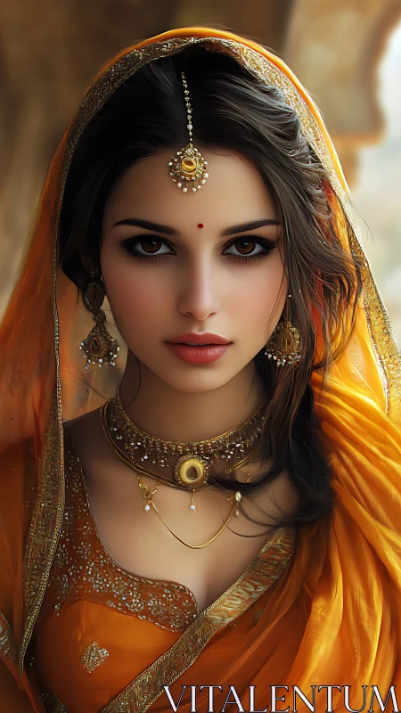 Golden sari portrait glows with quiet strength and grace