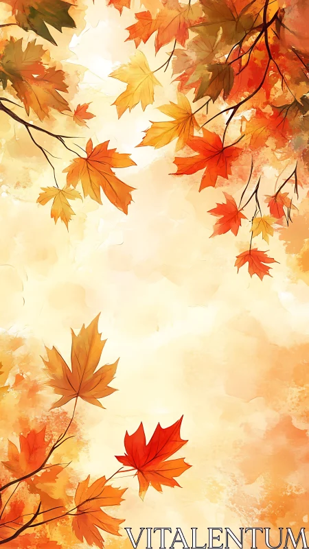 Golden autumn leaves drift gently across a glowing sky