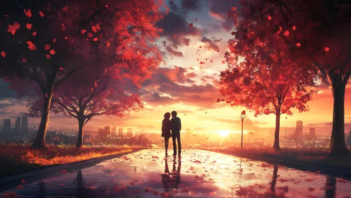 Autumn city overlook with silhouetted couple at reflective sunset