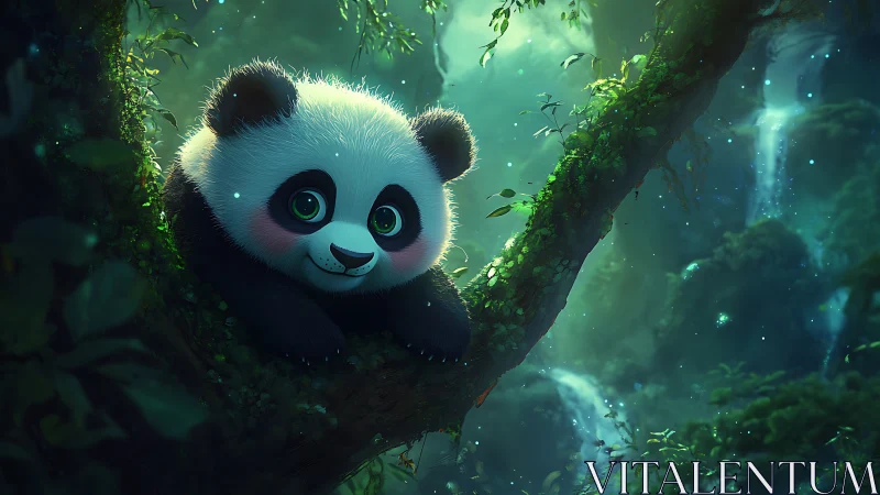 Baby panda glows on a mossy branch in a dreamy forest