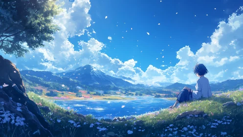 Quiet hillside daydream beside a bright blue mountain lake.