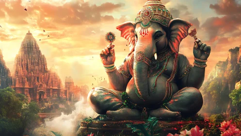 Colossal ornamented Ganesh deity amid luminous temple valley.