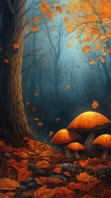 Glowing forest mushrooms warm a misty autumn twilight grove