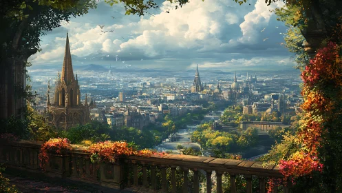 Verdant terrace quietly crowns a sunlit storybook cityscape