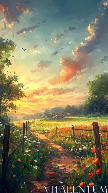 Rural footpath with field flowers under evening sky.