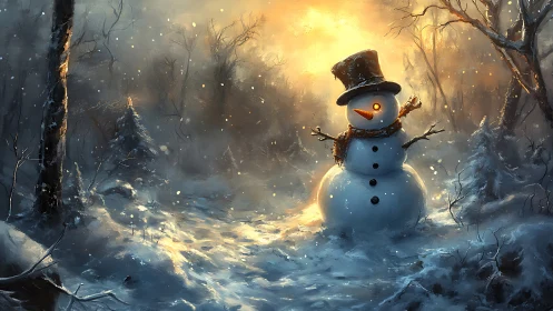 Snowman with glowing eye in a snowy winter forest at dusk.