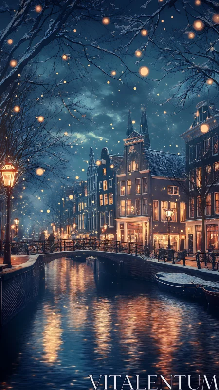 Snowlit canal cityscape glows under winter evening sky
