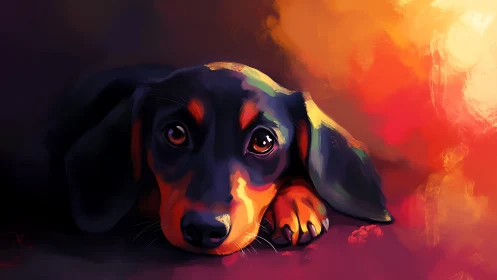 Dachshund daydreams under a neon sunset of melting color