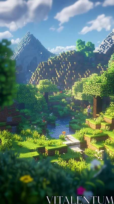 Voxel river valley with sunlit terrain, trees and distant peaks