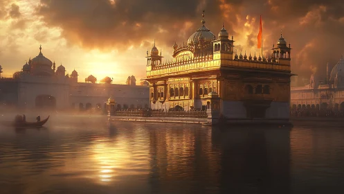 Golden temple reflected in tranquil water at radiant sunset