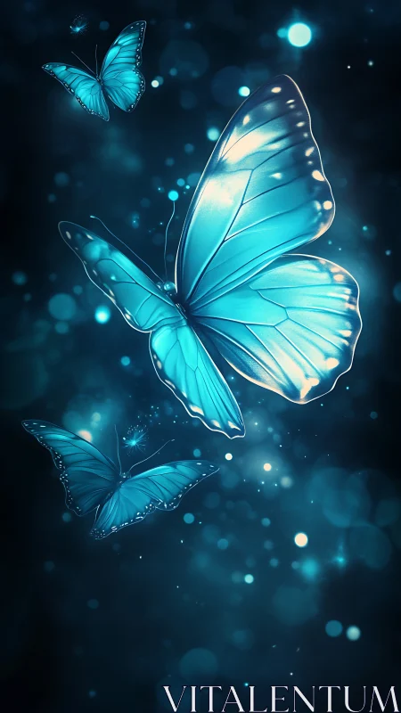 Blue butterflies glide through dark teal bokeh space