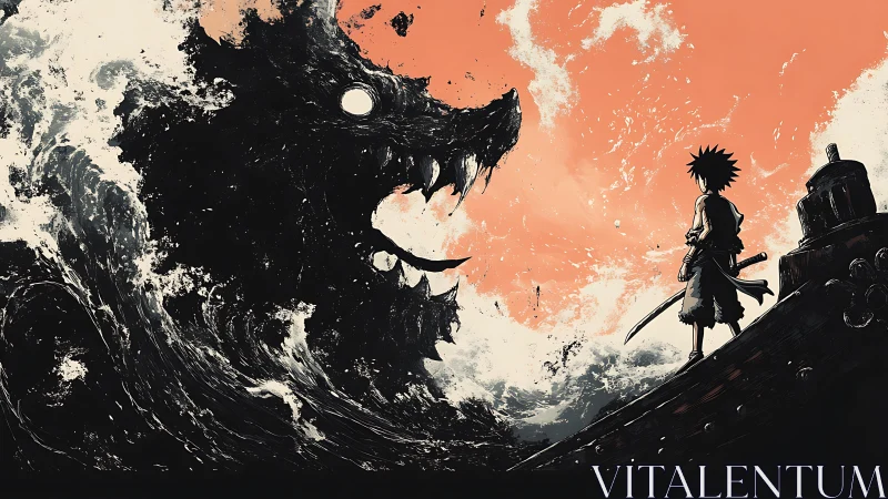 Samurai confronts colossal sea monster beneath burning sky.