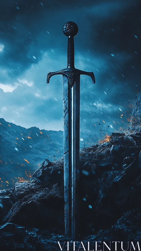 Legendary steel sword embedded in stormlit volcanic ridge.