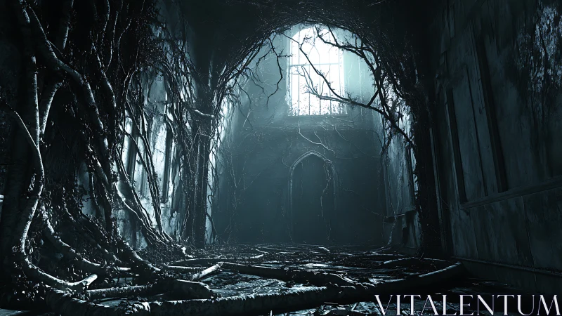 Overgrown gothic corridor under cold spectral window light.
