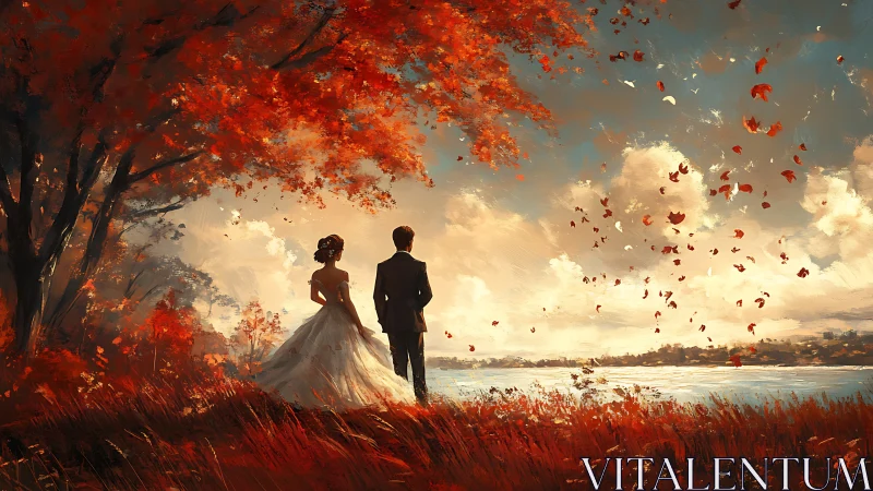 Bride and groom stand by autumn lake under falling leaves