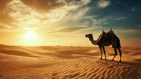 Lonely camel watches a blazing sun sink over golden dunes