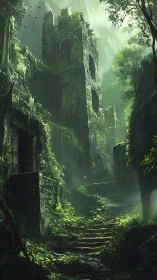 Overgrown stone citadel ruins with mossy stairway and volumetric light