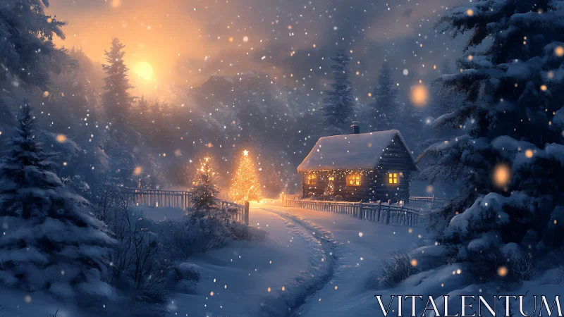 Snowlit cabin glow under a storybook winter moonrise.