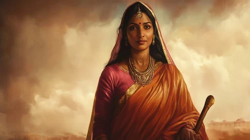Regal Indian Woman in Traditional Attire, Dramatic Digital Art.