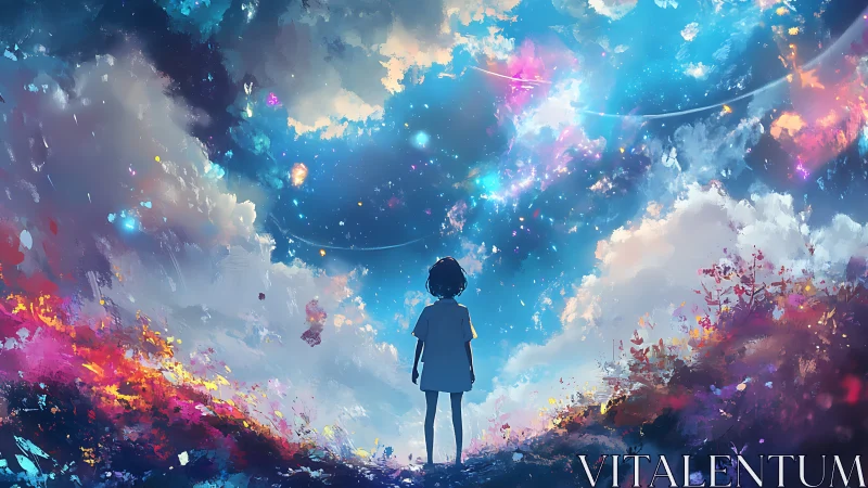 Celestial horizon vista with solitary figure in luminous palette.