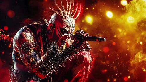 Aggressive metal vocalist screaming into microphone onstage.