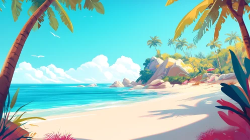 Tropical Island Beach with Palm Trees and Boulder Formations