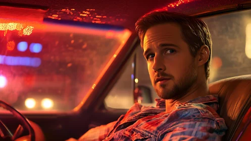 Neon-soaked driver broods in cinematic midnight glow.