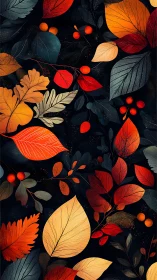 Autumn foliage pattern with red, orange and gold leaves.