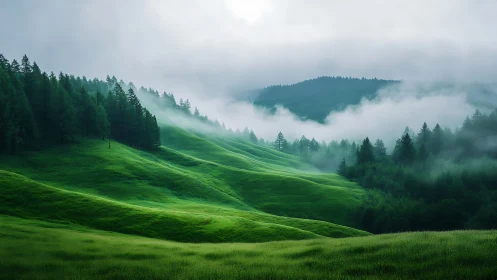 Emerald hillside valley under fog with soft diffused daylight.