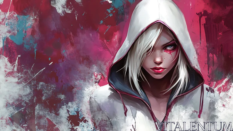 Hooded white haired character before abstract paint field.