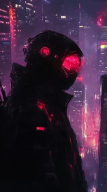 Cybernetic sentry scans neon skyline from shadowed rooftop