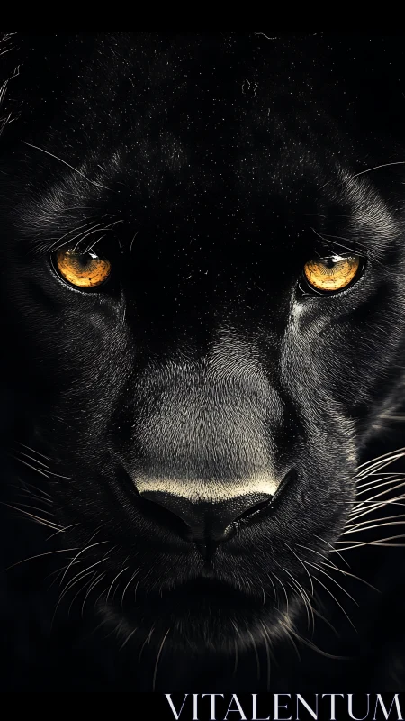 Black Panther Portrait with Amber Eyes Against Dark Background.