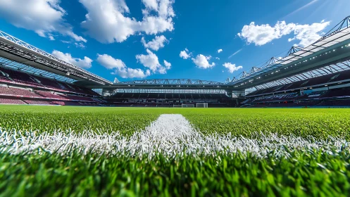Empty modern football stadium with detailed grass field.