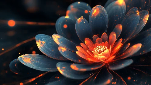Glowing abstract flower with fiery orange light petals.