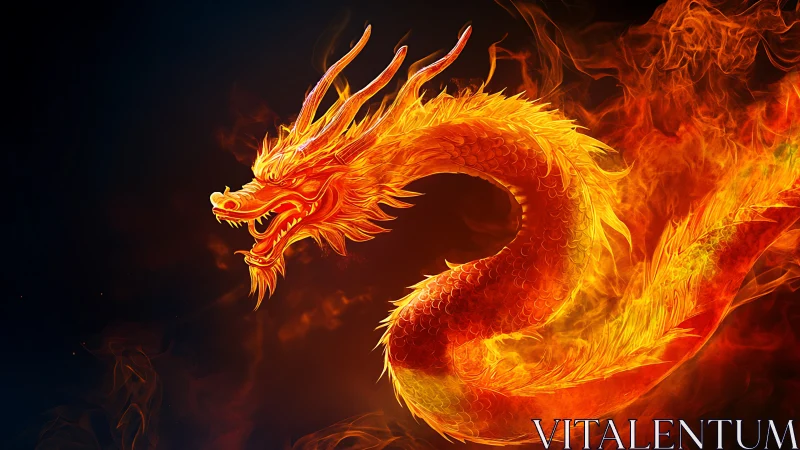 Fiery dragon coils through darkness in blazing motion