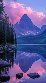 Alpine peak mirrored in twilight lake with magenta cloudscape.