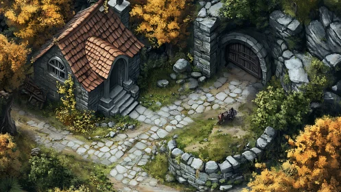 Stone cottage and gate in autumnal forest, isometric digital painting.