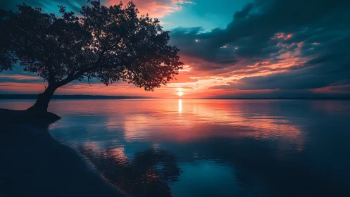 Solitary shoreline tree leans into a neon-painted sunset hush