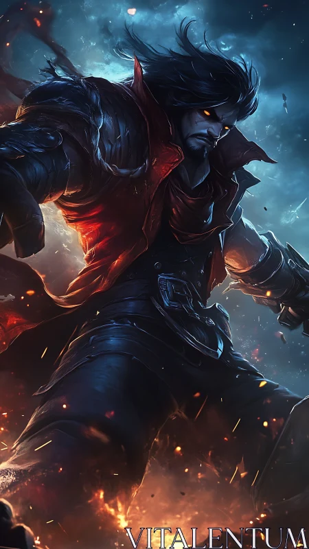 Dark armored warrior with glowing eyes in fiery battle scene.