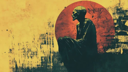 Solitary robed figure seated against rough red sun disc.