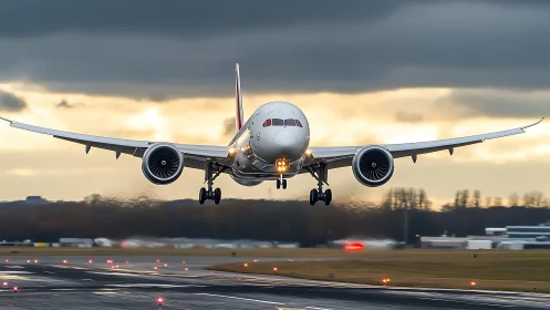 Stormlit jetliner kisses the runway in glowing twilight approach.