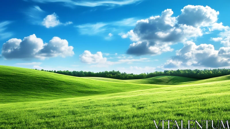 Sunlit emerald hills rolling beneath drifting cotton clouds.