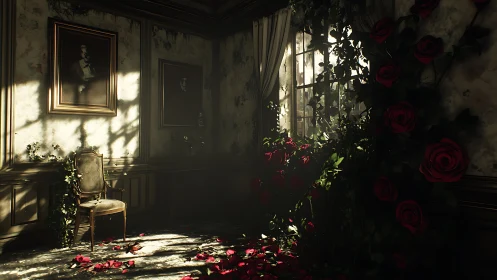 Forsaken parlor overgrown with roses and shafts of light.