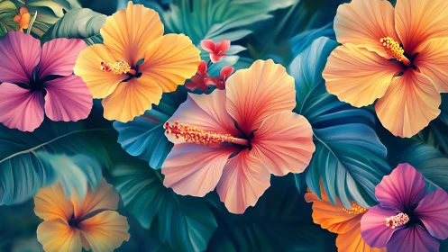 Vibrant Hibiscus Blooms Radiate Warmth Against Lush Foliage